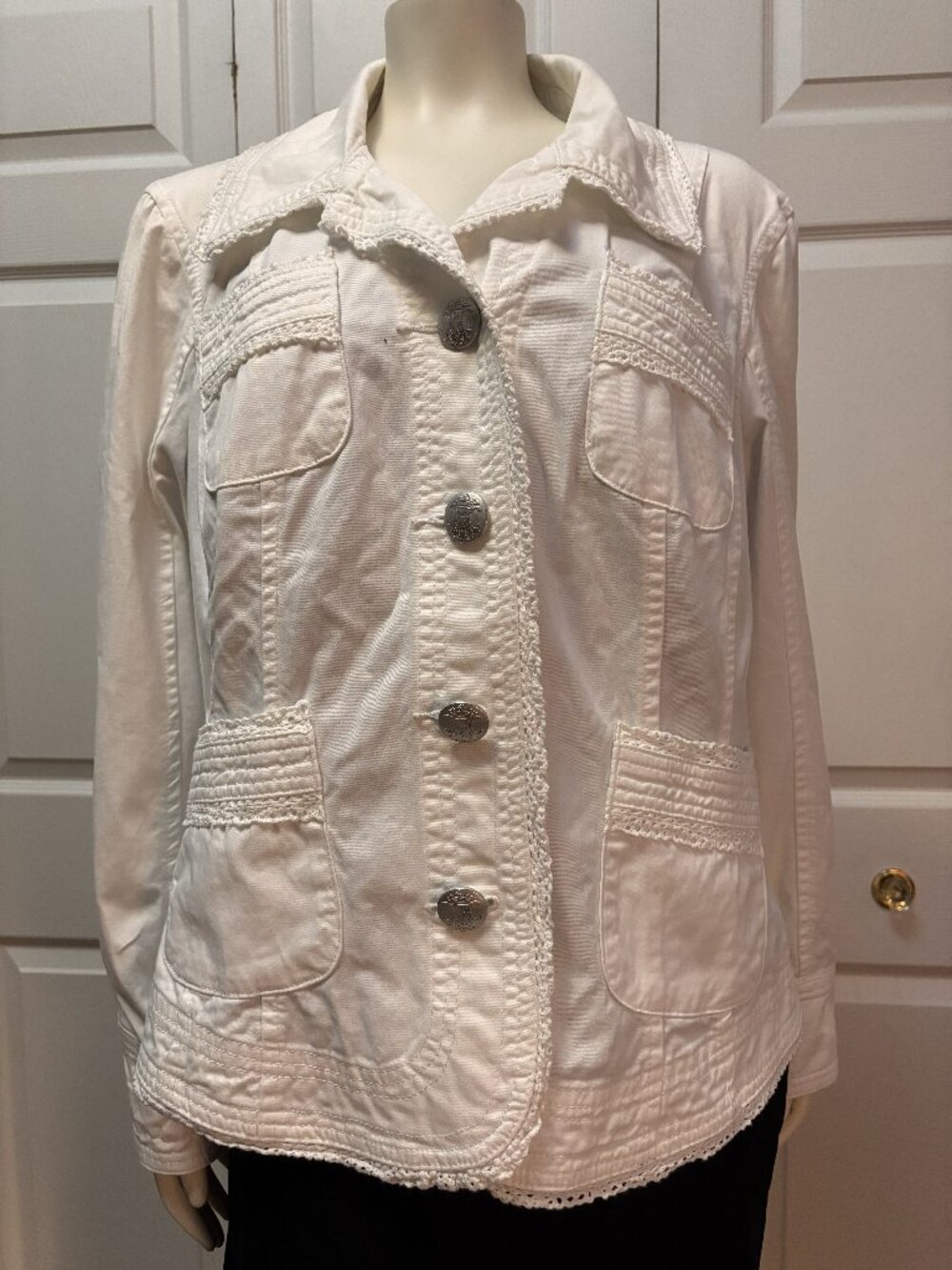 LAL Live A Little Large White Utility Jacket Crochet Trim Embellished Buttons